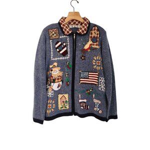 OHI Folk Christmas Sweater Full Zip Country Birds Patriotic US Flag Large EUC